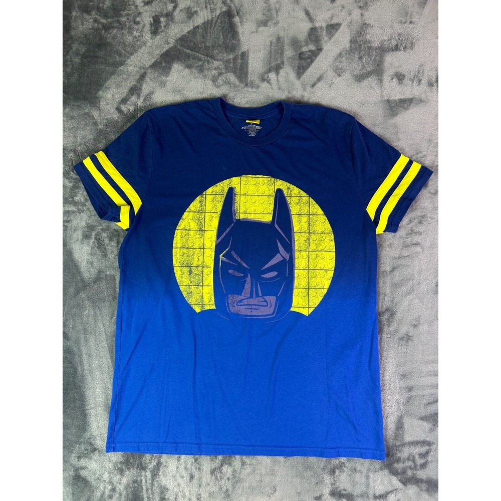 LEGO Batman Movie Graphic Jersey T-Shirt Blue Yellow Stripes Size L‎ DC Comics